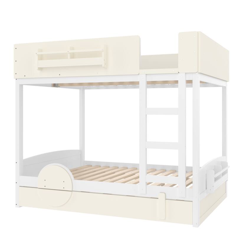 Roomfitters Car Shaped Bunk Bed with Trundle and Bookshelf, Solid Wood Auto Frame