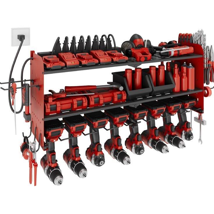 Power Tool Organizer with Charging Station Garage 8 Drill Holders Wall Mount with 8 Outlets Power Strip - Red
