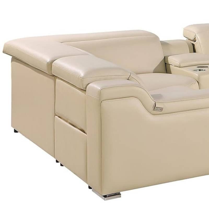 HomeRoots Beige Italian Leather Power Reclining U Shaped Eight Piece Corner Sectional With Console