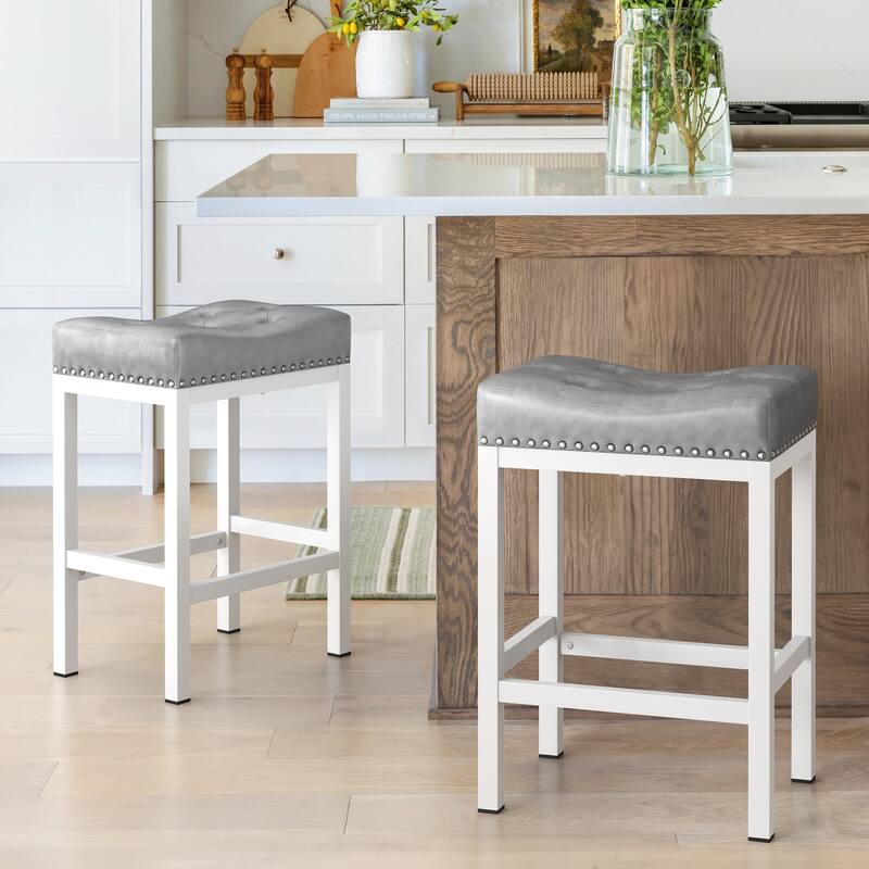 Backless Cushioned Faux Leather Bar Stools Counter Height Stools with Metal Frame - 24" H