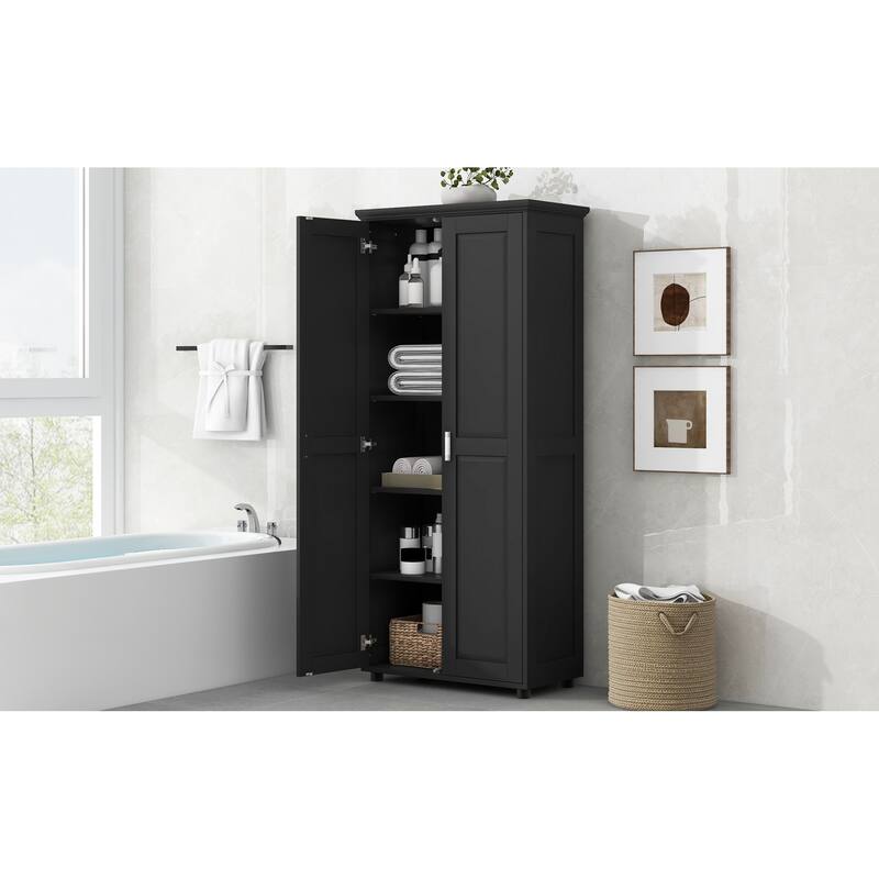 Roomfitters Tall 2-Door Storage Cabinet with 5-Tier Adjustable Shelves, Modern MDF Linen Tower for Bathroom & Office, Black