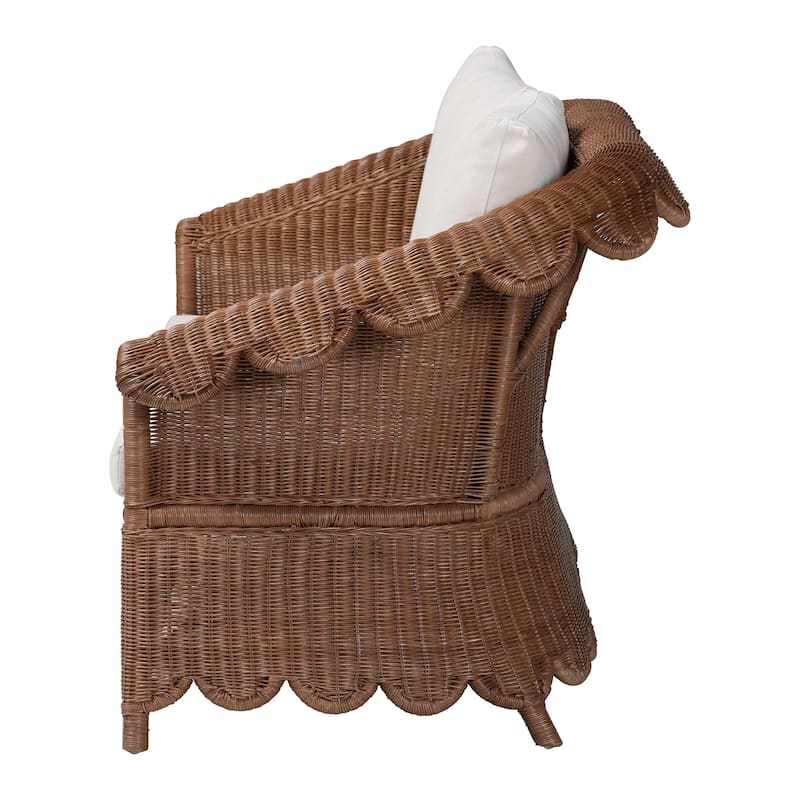 Detta Natural Rattan Loveseat with Cushion - Handwoven Wicker Settee with Rolled Arms and Scalloped Skirt Base