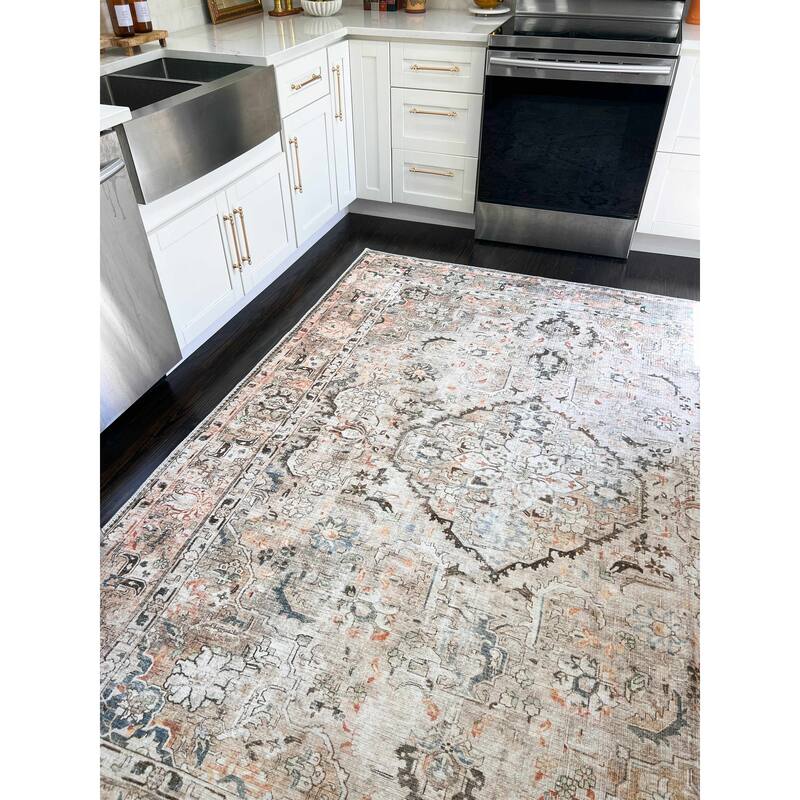 Hauteloom Fatih Living Room, Bedroom Machine Washable Area Rug - Beige, Charcoal, Gray - 2' x 2'11"