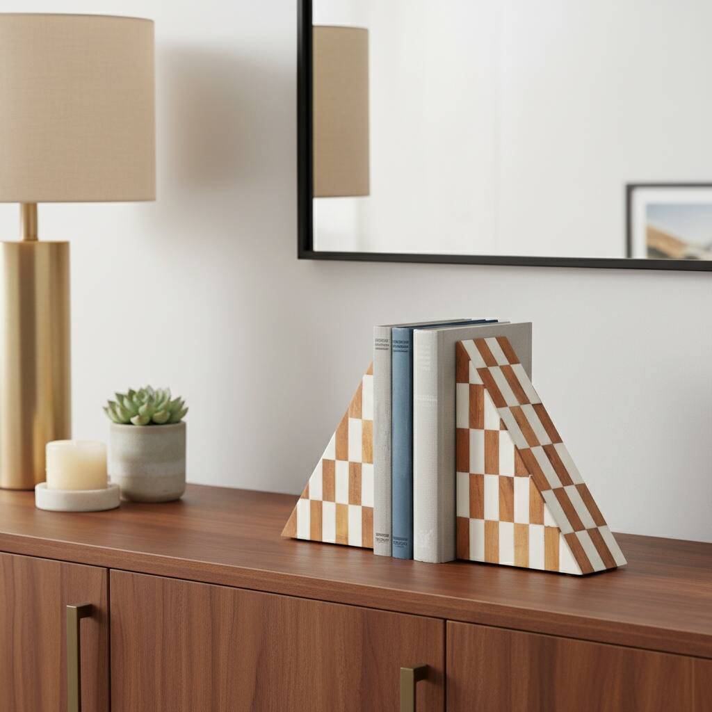 Decorative Resin Triangular Bookends with Checkered Pattern -7", Ivory - 7.0"