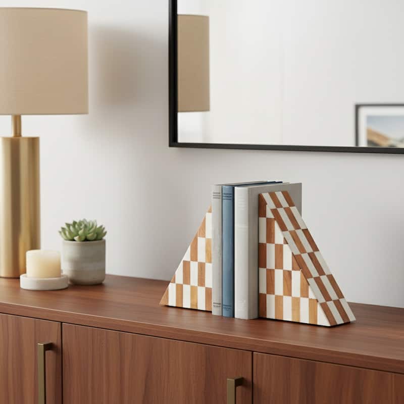 Decorative Resin Triangular Bookends with Checkered Pattern -7", Ivory - 7.0" - Ivory/ Tan - 7.0"