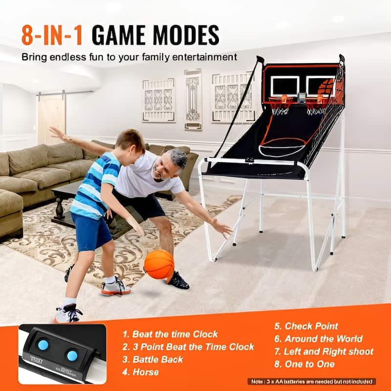 Black-White Steel Basketball Arcade Game with Dual Hoops and 8 Game Modes - 56” L x 33” W x 63” H