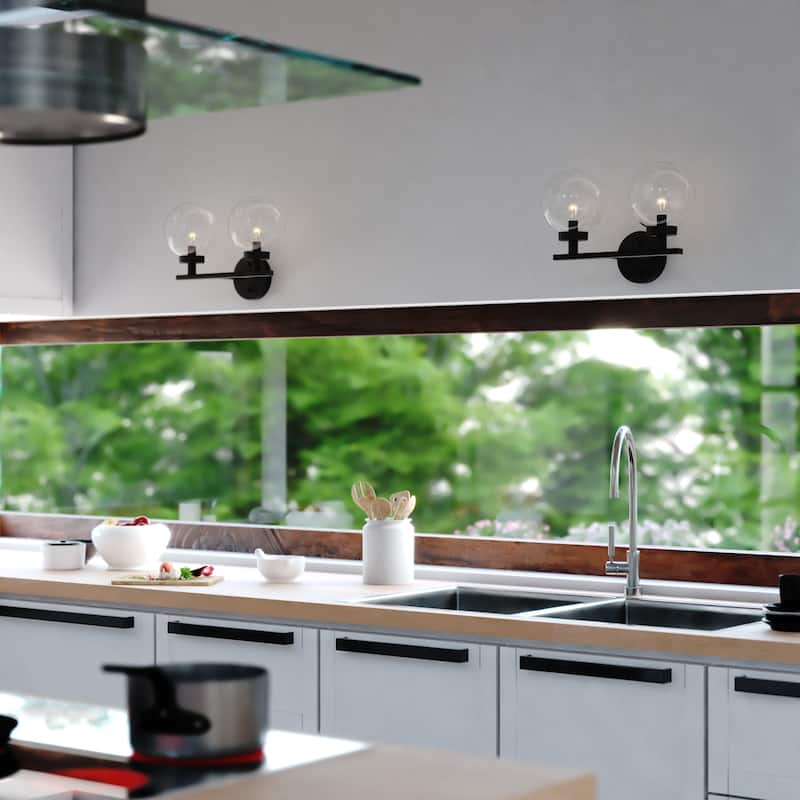 Lander Matte Black Bathroom Vanity Wall Fixture with Clear Glass Globes