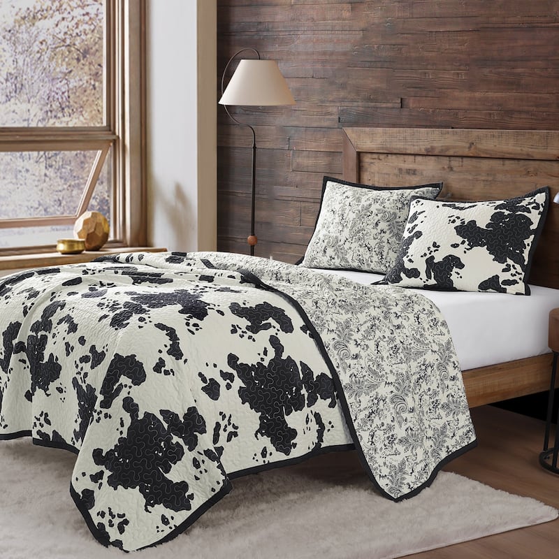 Indigo Hill by HiEnd Accents Clara Cow Print and Paisley 3 Piece Reversible Quilt Set, Cotton Rustic Farmhouse Western Bed Set