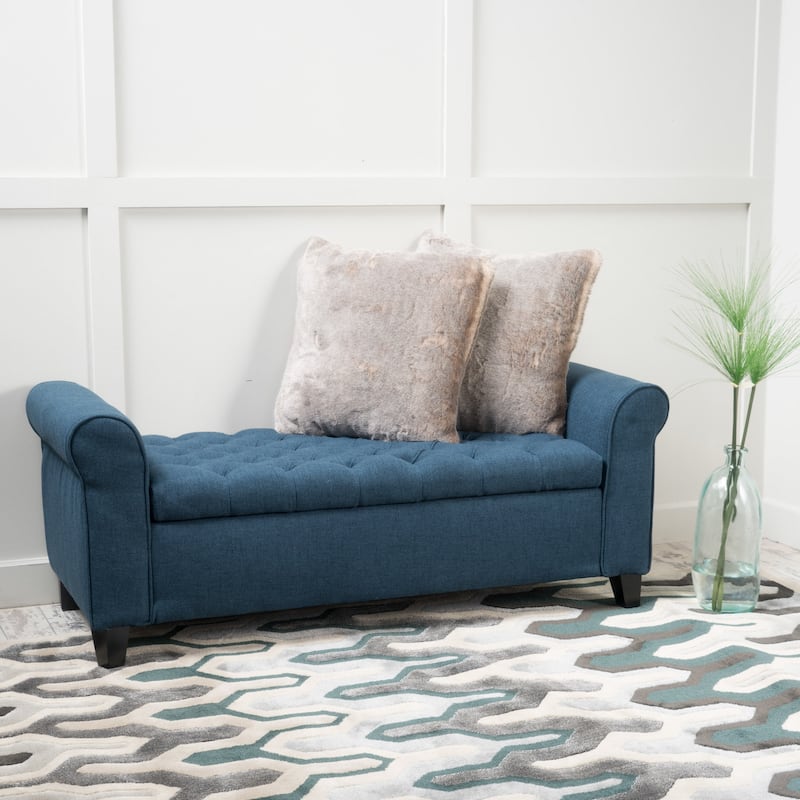 Keiko Contemporary Rolled Arm Fabric Storage Ottoman Bench by Christopher Knight Home - 50.00" L x 19.50" W x 20.50" H - Dark Blue+Dark Brown