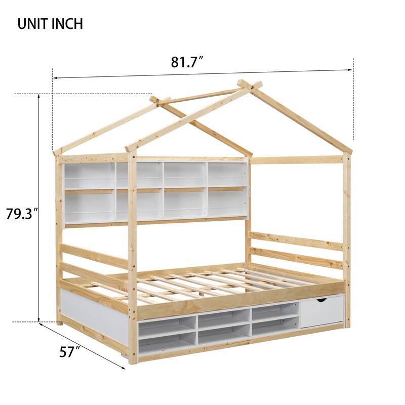Full House Bed with Roof Frame, Bedside-shelves, Under Bed Storage Unit