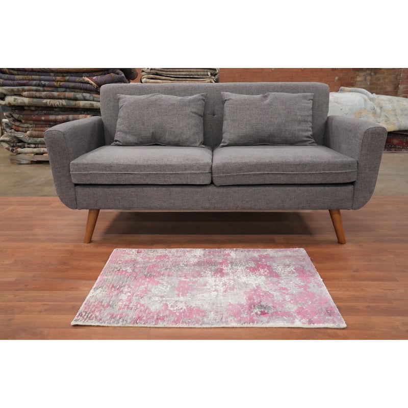 Hand Knotted Oriental Viscose Silk Carpet Modern All-Over Pink Abstract Area Rug - 3' 0'' X 2' 0''