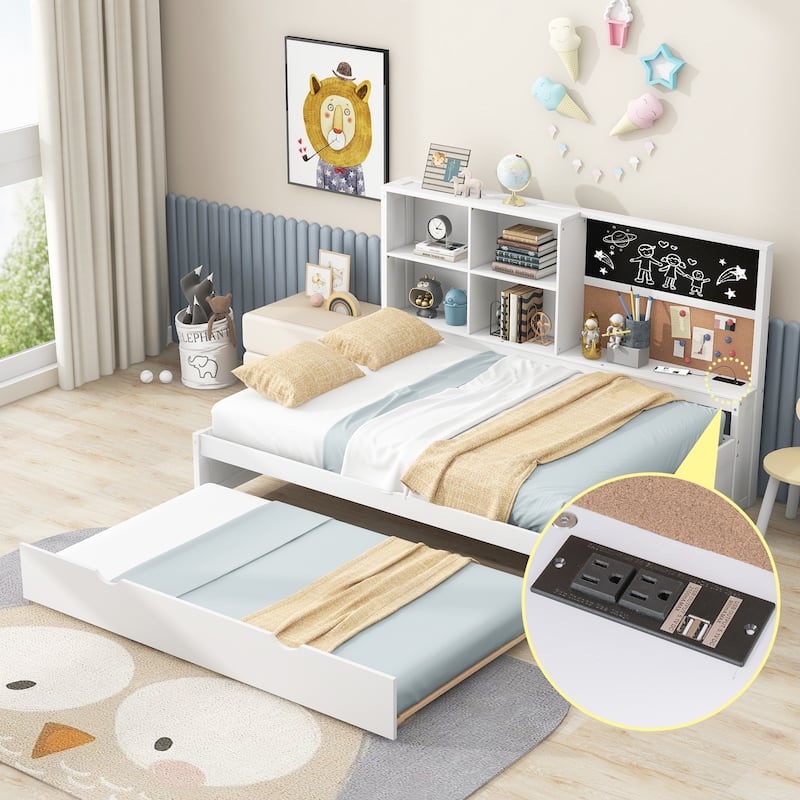 Daybed with Storage Shelves, Blackboard, Cork board, USB Ports and Trundle