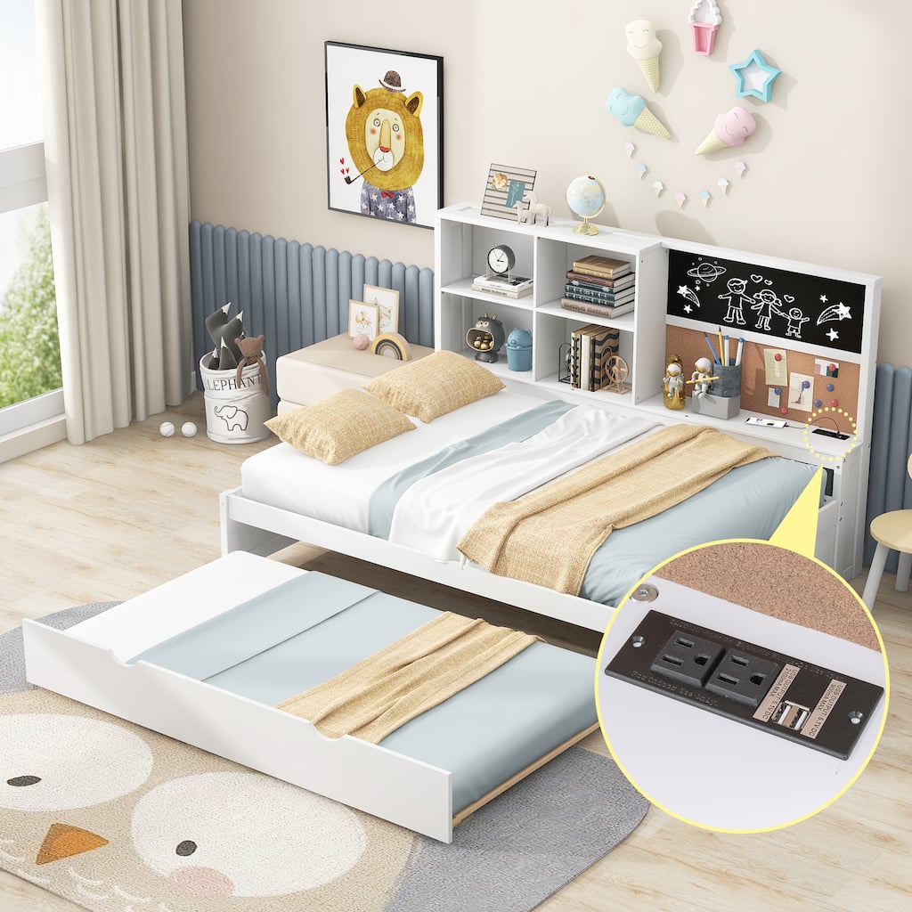 Daybed with Storage Shelves, Blackboard, Cork board, USB Ports and Trundle