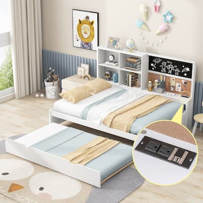 Full Size Pine Daybed with Blackboard, USB Charging & Trundle (550lb Capacity)