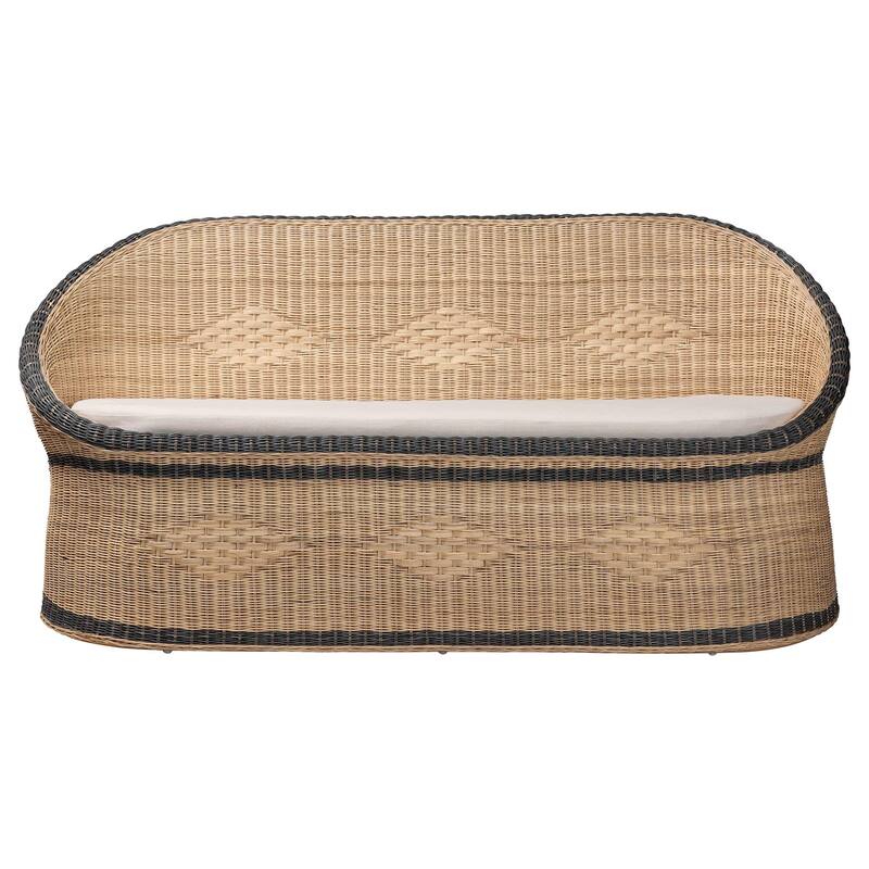 Emiliana Natural Rattan Loveseat - Handwoven Wicker Sofa with Two-Tone Woven Detailing and Cushion, Boho Coastal Seating