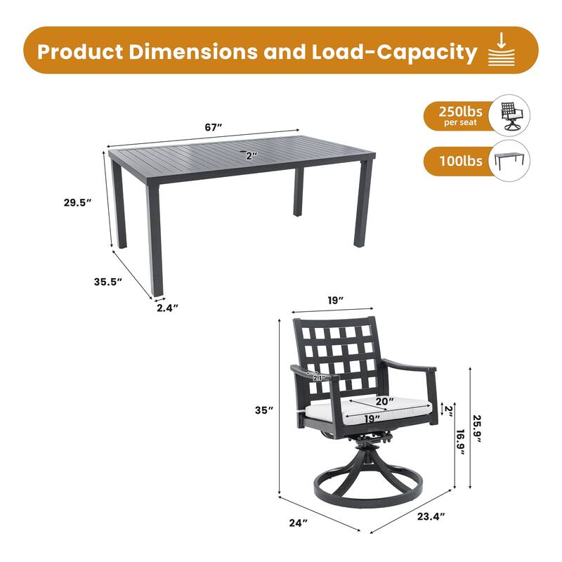 7 Pieces Patio Dining Set, All Weather Outdoor 6 Swivel Rocking Chairs and Rectangular Dining Table Set with Umbrella Hole