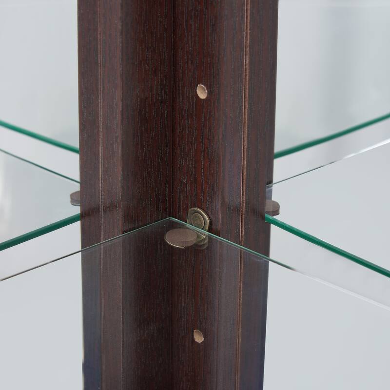 Lighted Glass Display Curio Cabinet, Curved Wood Corner Cabinet, China Cabinet with Tempered Glass Doors & Shelves