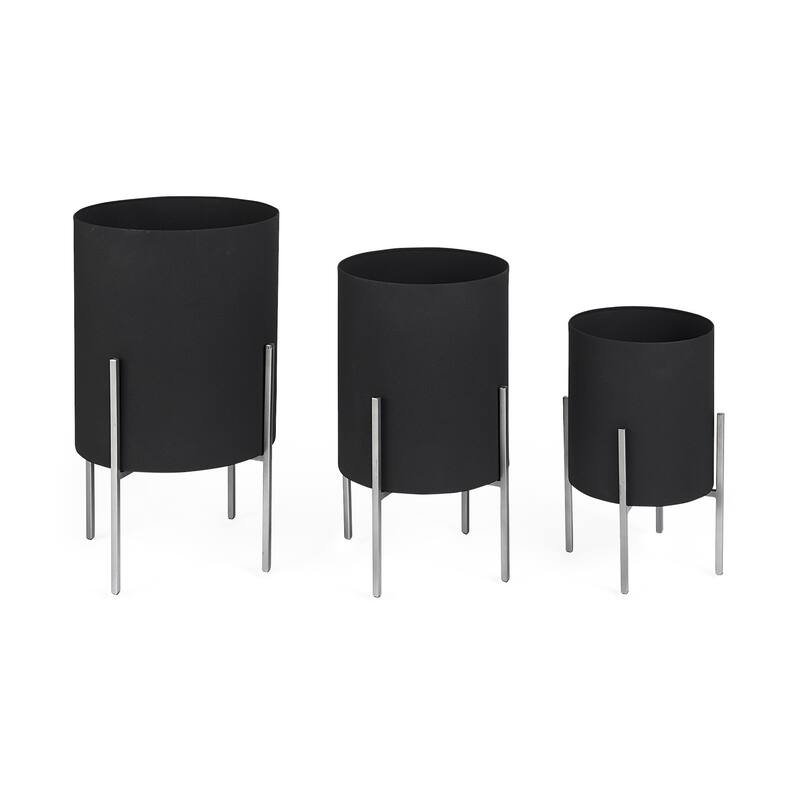 HomeRoots Set of Two Black Metal 20 Ounce Round Pot Planters - 15.00 in. x 24.50 in. x 15.00 in.