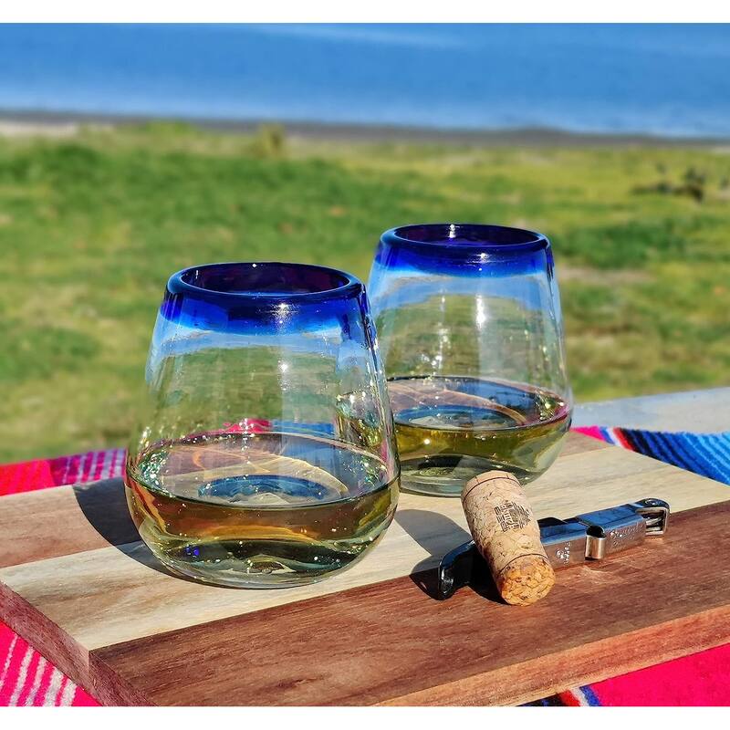 Hand Blown Mexican Stemless Wine Glasses - Set of 6 Glasses with Cobalt Blue Rims (15 oz)