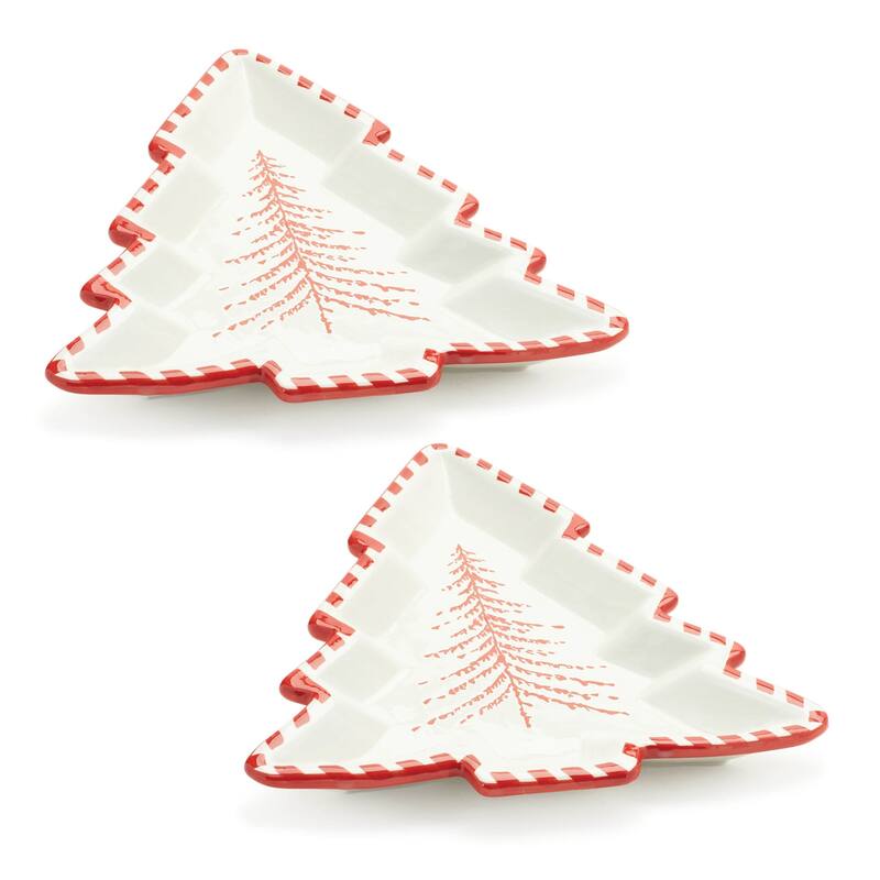 HomeRoots Set of Two Red And White Ceramic Tree Shaped Christmas Serving Trays - 10.75 in. x 1.25 in. x 11.75 in.