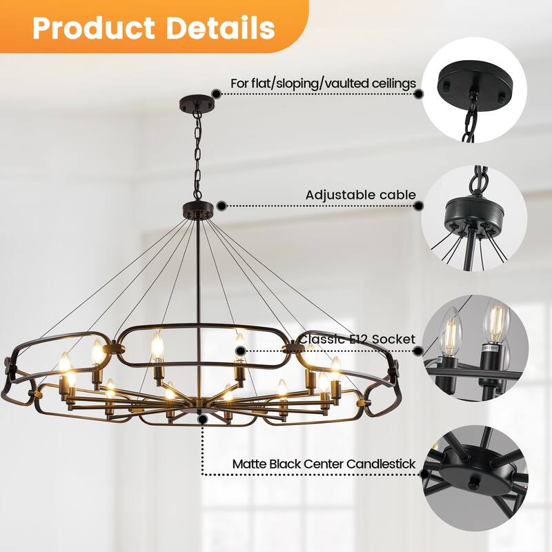 12-Light Modern Chandelier, Large Round Chandelier - 52"
