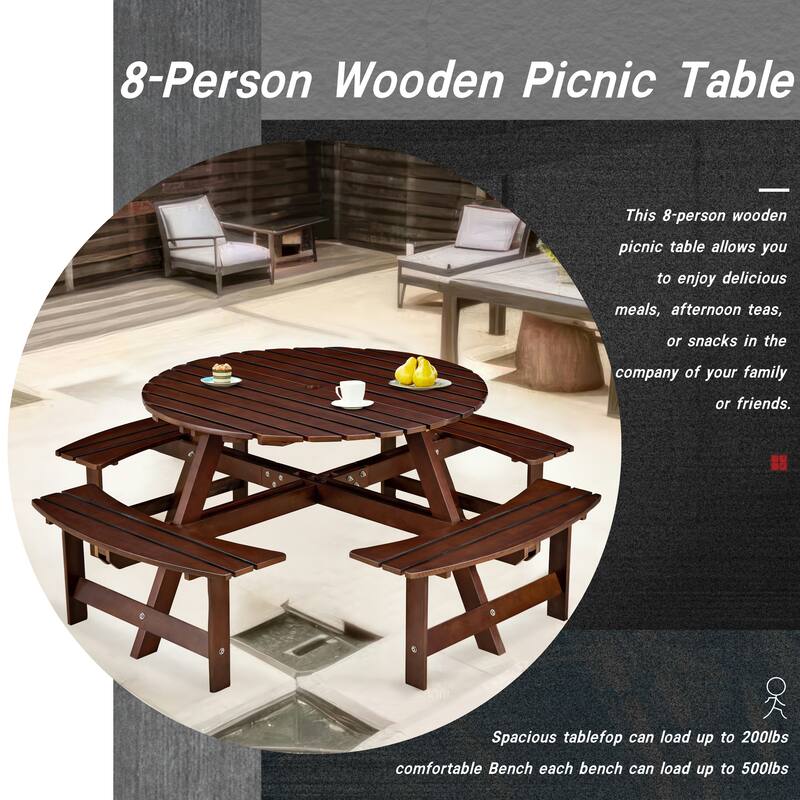 Outdoor 8 Person Picnic Table and Benches Set, Wooden Round Picnic Table with 4 Built In Benches and Umbrella Hole