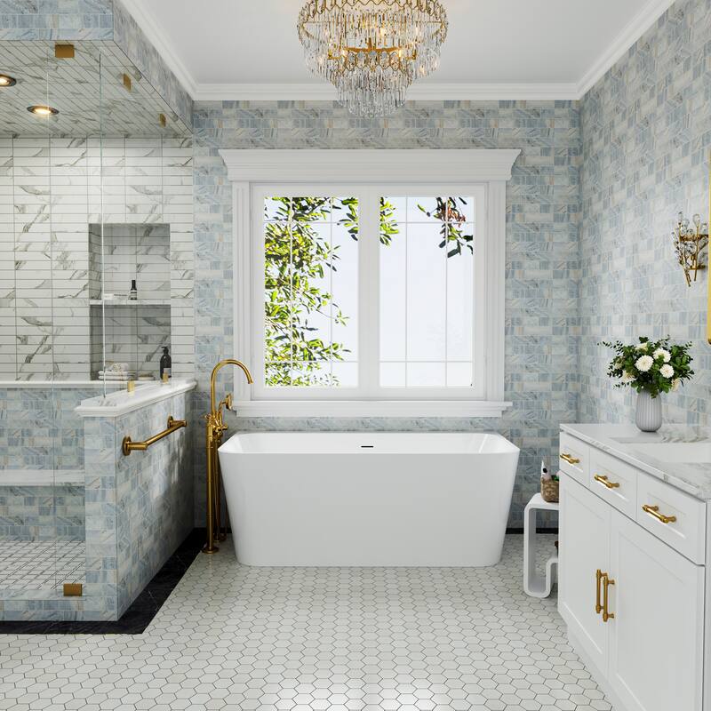 55 in. Freestanding Acrylic Soaking Bathtub, Modern Rectangle Design with Included Drainer