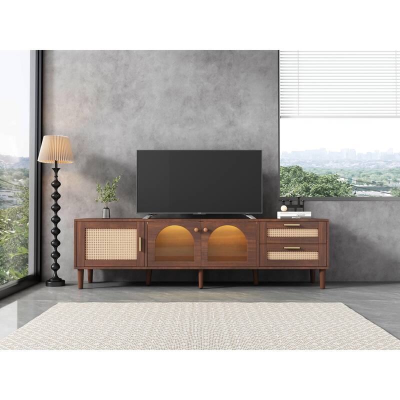 Roomfitters 70 Inch TV Stand for TVs up to 80 Inch, Modern Media Console with App-Controlled LED Lights & Glass Doors, Brown