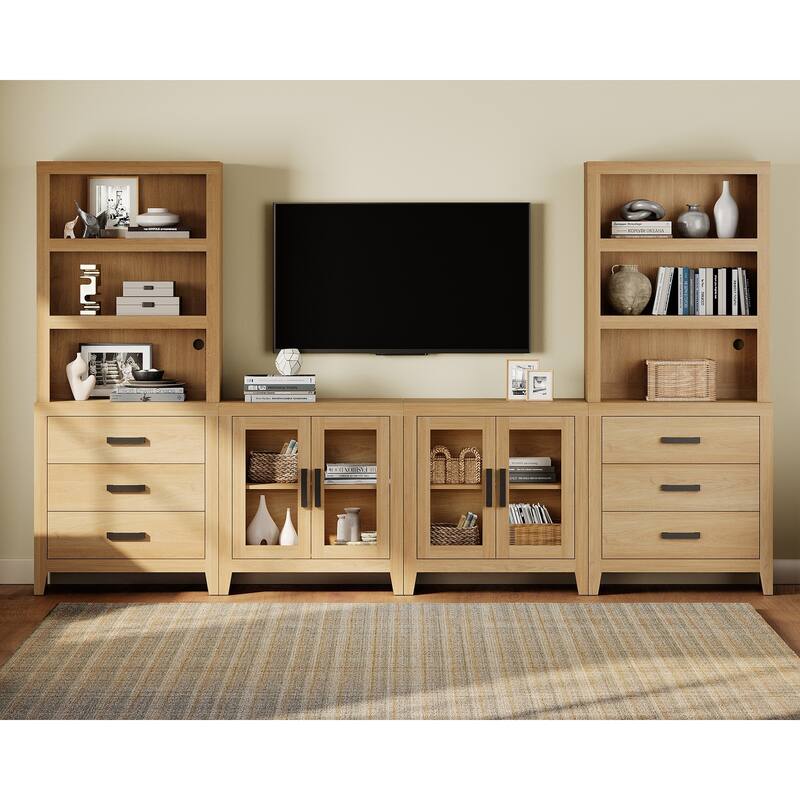 WAMPAT Farmhouse Entertainment Center with Bookshelves, Modular TV Stand with Drawers & Glass Doors - 126"W x 72.2"H x 15.4"D - Oak