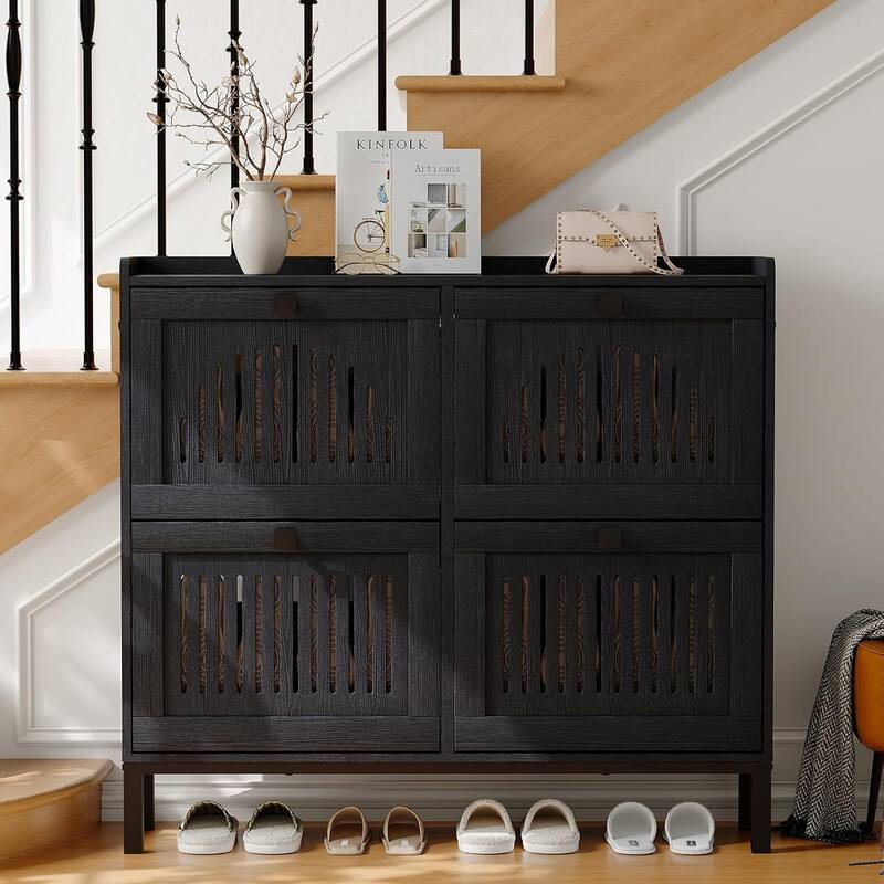 Freestanding 4 Flip Drawer Shoe Cabinet Organizer for Entryway, Hallway, Living Room - Black