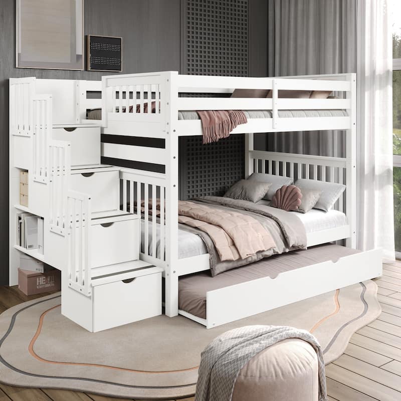 Taylor & Olive Trillium Full over Full Stairway Bunk Bed, Full Trundle - White