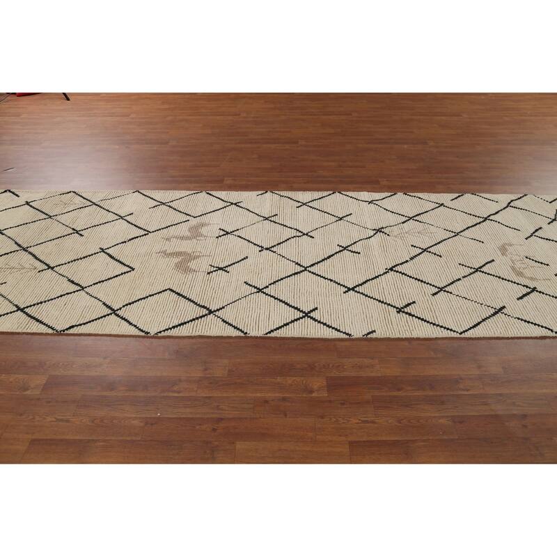 Hand Knotted Oriental 100% Wool Carpet Modern All-Over Beige & Ivories Moroccan Runner Rug - 13' 3'' X 3' 10''
