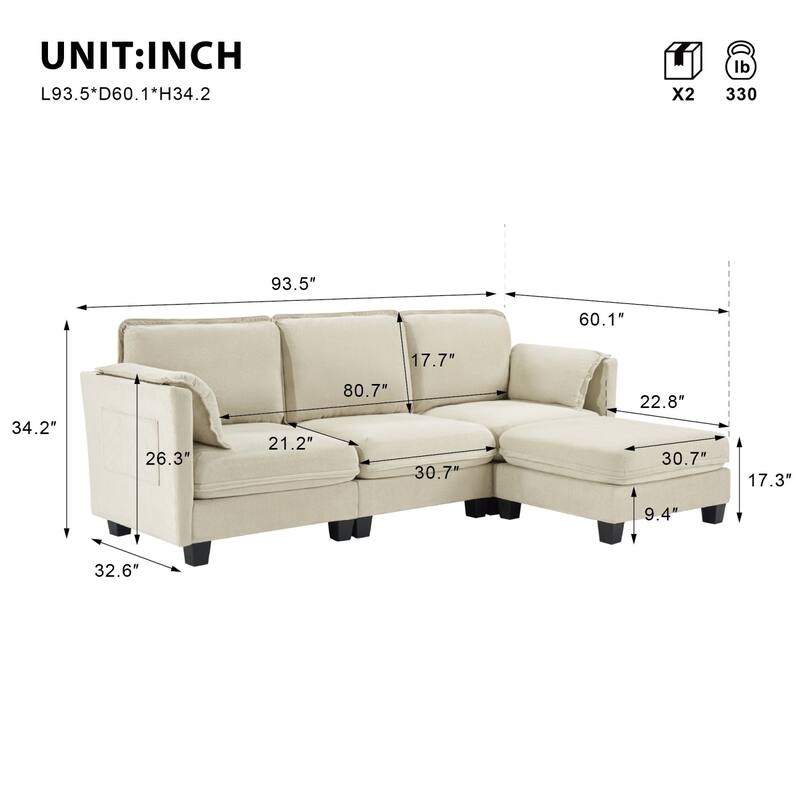 93.5" L-Shaped Cotton-linen Brushed Fabric Sectional Sofa with Ottoman