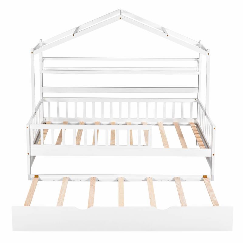 Cute Wooden Twin or Full House Bed with Trundle, Kids Bed Wood Platform Bed Frame with Safety Guardrail & Storage Shelf