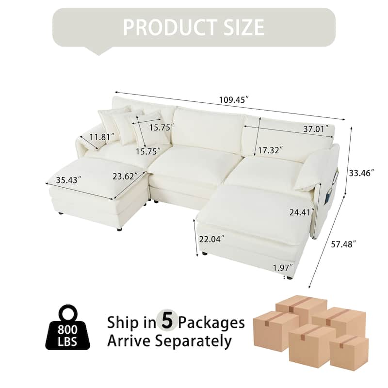 GDFStudio - 5-Piece Modular U-Shaped 109.45" Sectional Sofa with 2 Movable Ottomans