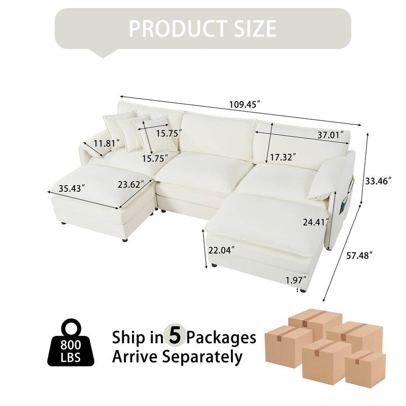 U-shaped Chaise Sectional Sofa Chenille Modular Couch with Thickened Seat Cushions, Armrest Pillows and Side Pockets