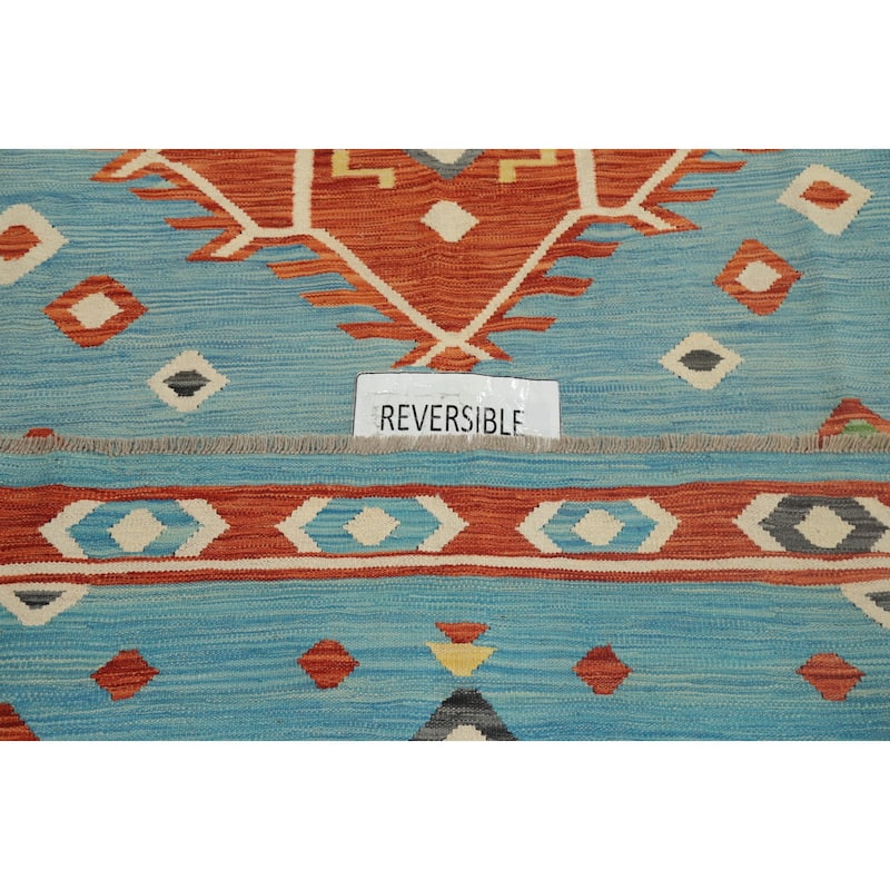 Hand Woven Oriental 100% Wool Carpet Southwestern Tribal Navy Blue & Blues Kilim Area Rug - 9' 6'' X 6' 6''