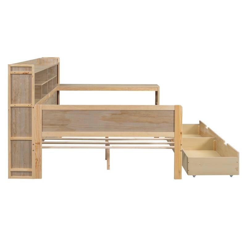 Full Size Wooden Daybed with Storage Shelves, 2 Drawers, and Study Desk - Multi-Functional Elegance