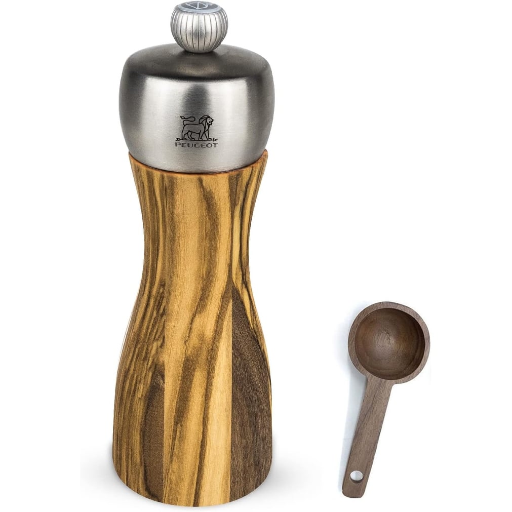 Peugeot Classic Fidji Salt Mill Gift Set, Olive Wood, 15 cm - With Wooden Spice Scoop