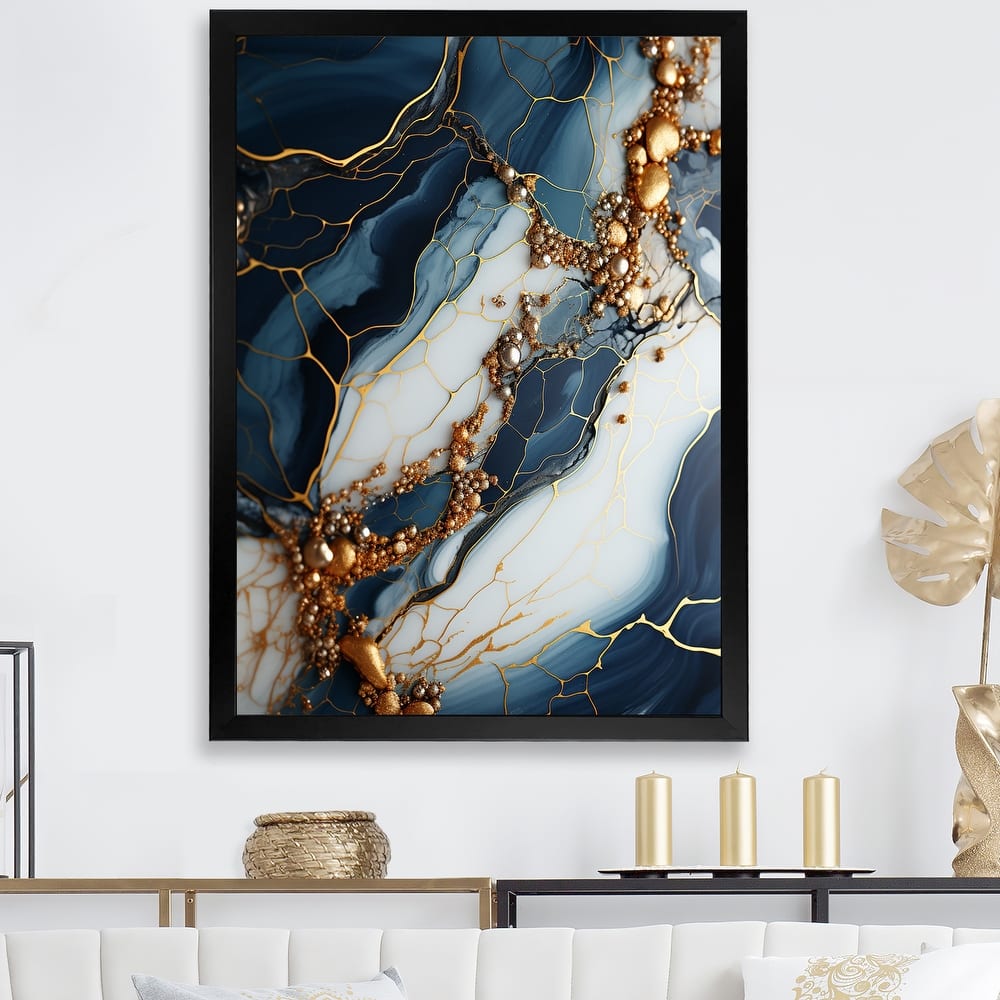 Designart "Gold And Blue Geode Art III" Abstract Liquid Ink Wall Decor Gold - Modern Living Room Framed Canvas Art