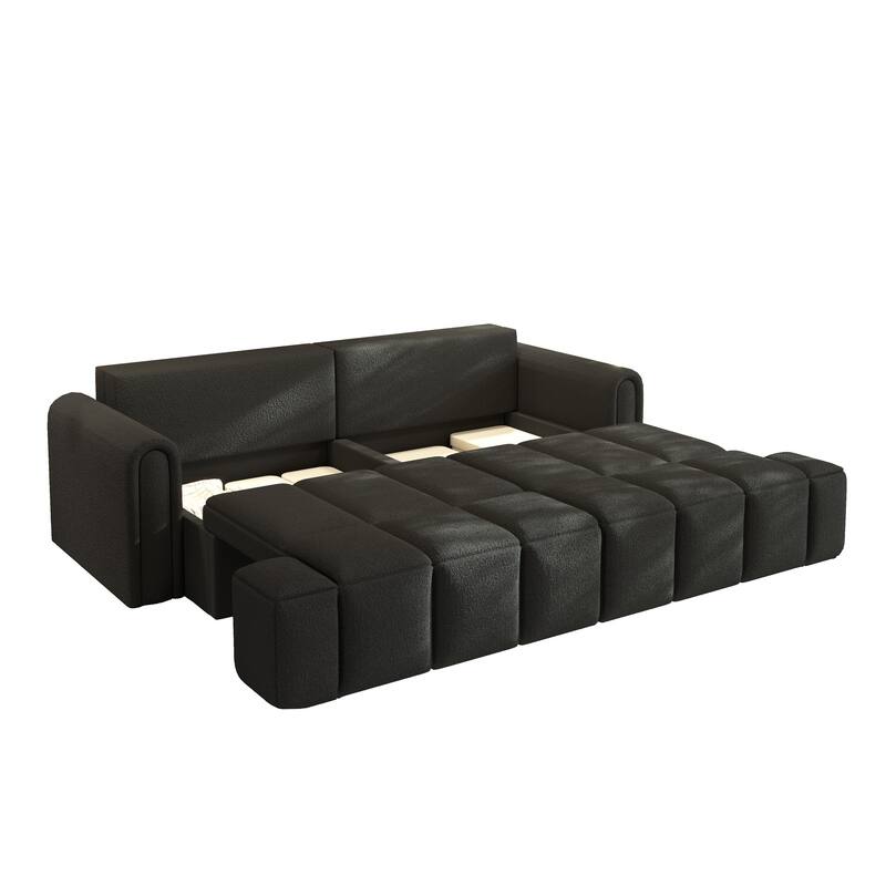 90.2" Sleeper Sofa with Pull-Out Bed, 3-in-1 Convertible Sofa Bed, Large Teddy Loveseat with Adjustable Backrest & Storage Seats