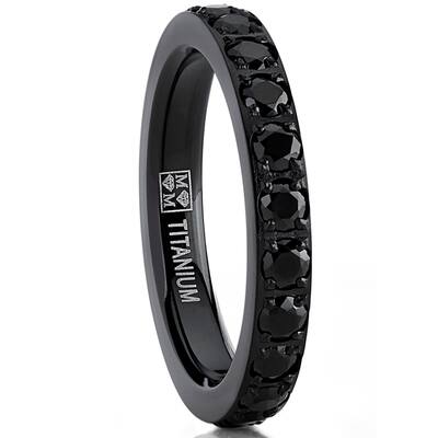 Womens Black Titanium Wedding Band Round Black CZ 3mm
