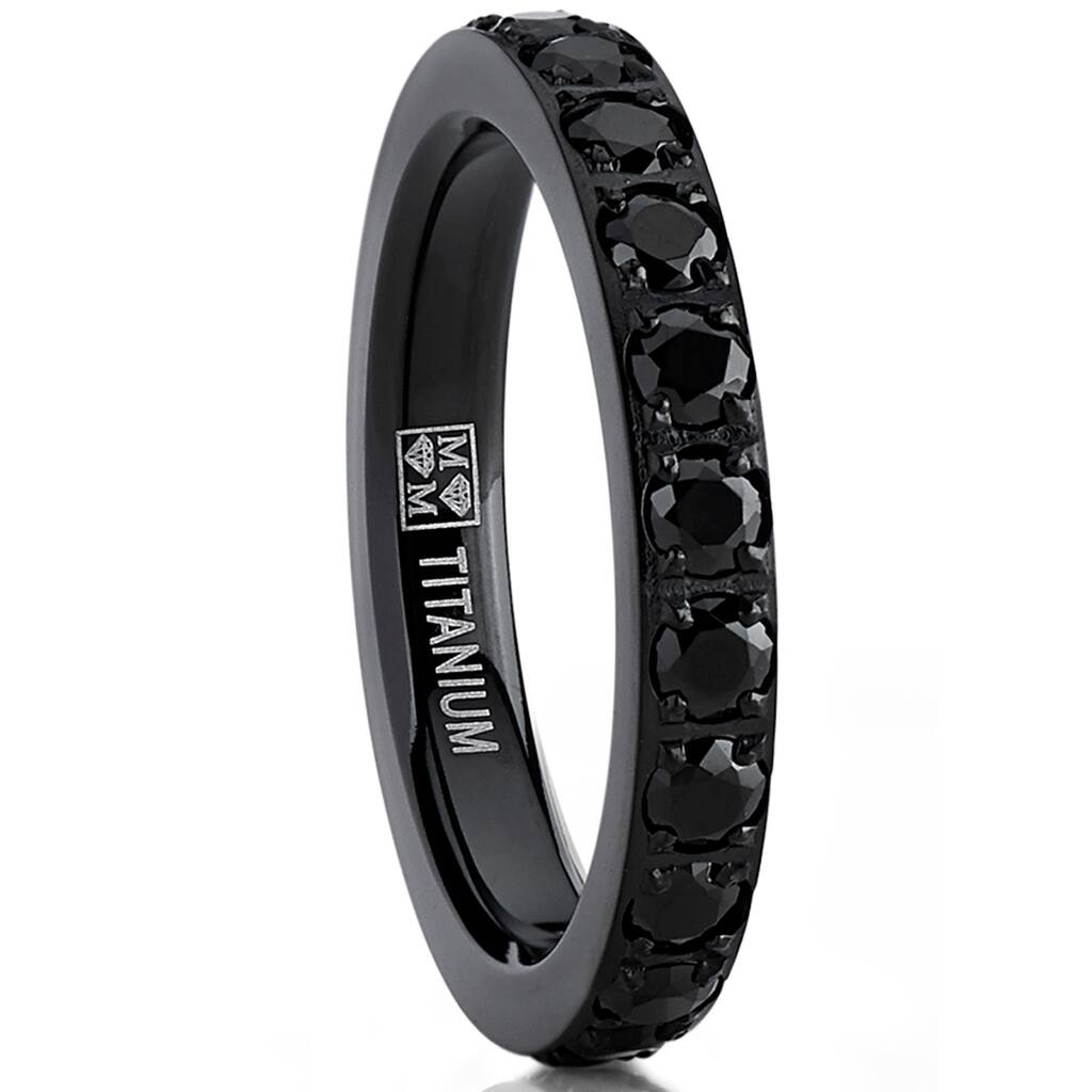 Womens Black Titanium Wedding Band Round Black CZ 3mm