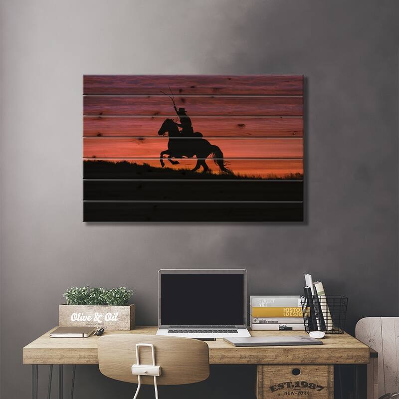 USA, Wyoming, Shell, The Hideout Ranch, Silhouette of Cowboy and Horse at Sunset Print On Wood by Hollice Looney - Multi-Color