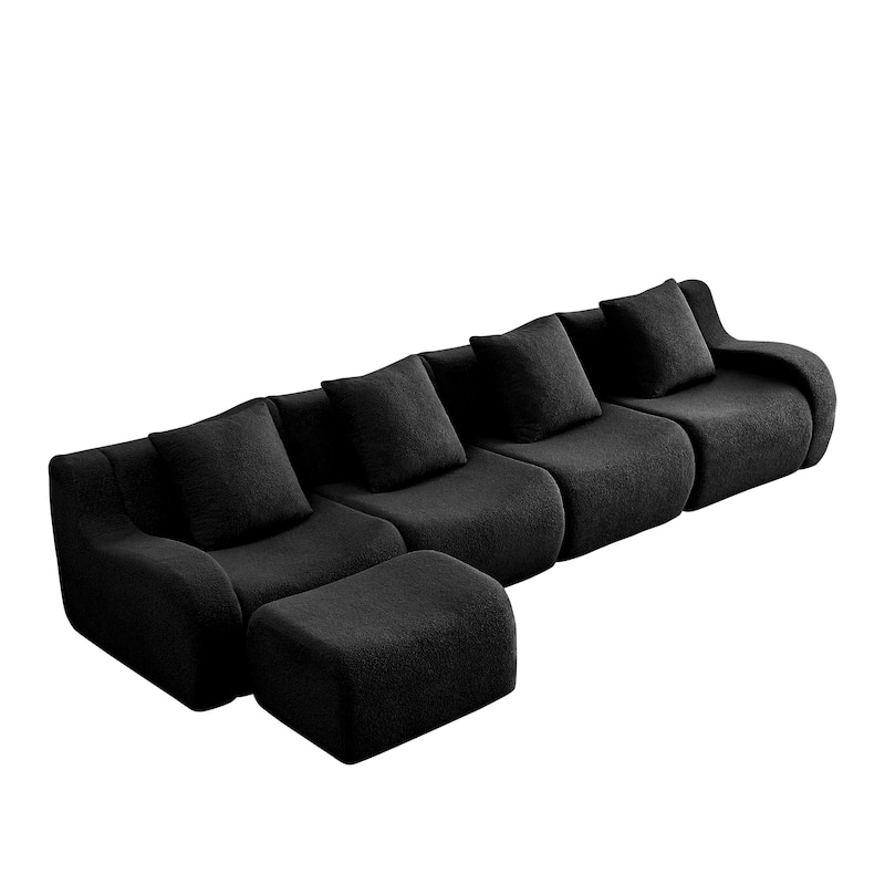 Oversized Sectional Sofa with Ottoman for Living Room, 118" Modern Floor Teddy Fabric Sofa L-Shape Couch with 4 Throw Pillows