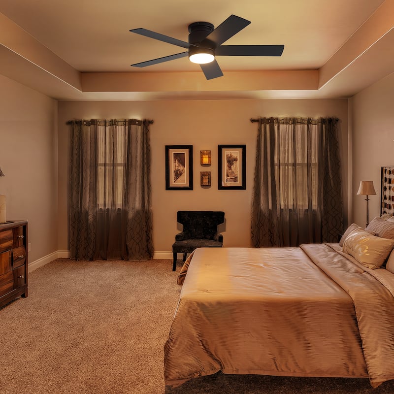 42"/52" Modern Black Flush Mount Ceiling Fan with LED Light and Remote