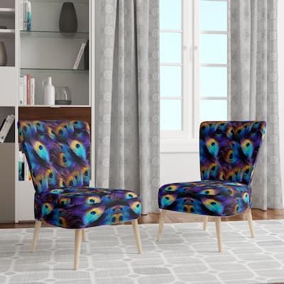 Designart "Blue And Pruple Vibrant Peacock Feather" Upholstered Animal Print Accent Chair Bohemian & Eclectic Side Chair