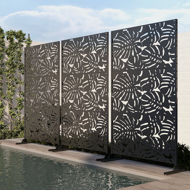 Outdoor Privacy Screen with Stand for Patio Garden Metal Fence - Black - 011-Large Leaves