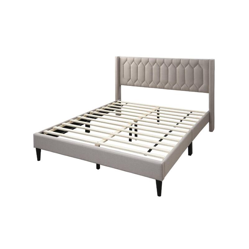 Jeo Queen Size Bed, Geometric Stitched Light Brown Burlap Upholstery