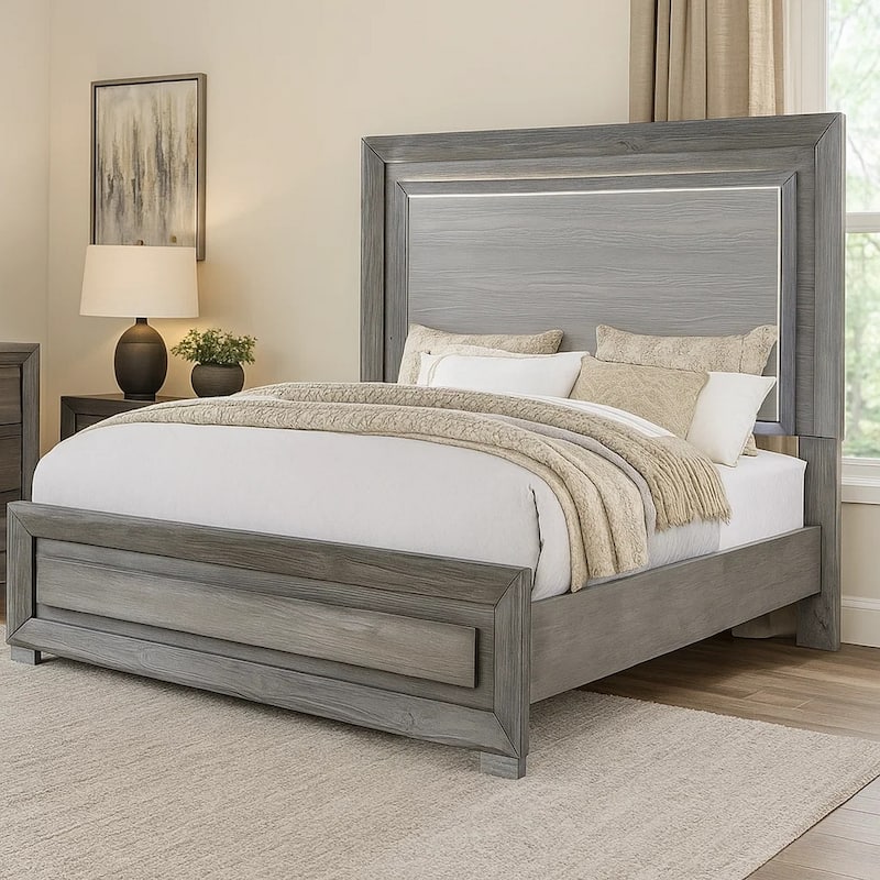 Reno Queen Bed with LED Headboard and Metal Bracket Legs, Gray Wood